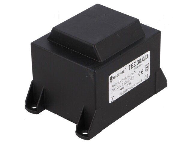 Transformator: ingegoten; 30VA; 230VAC; 24V; 1,25A; PCB; IP00; TEZ Transformator: ingegoten; 30VA; 230VAC; 24V; 1,25A; PCB; IP00; TEZ